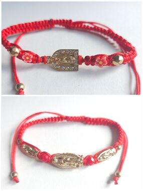 Gold  Medal Bracelet on Red Cord with Floral Beads Virgin Guadalupe